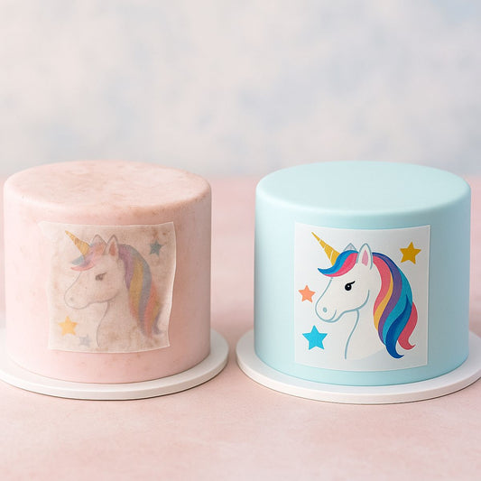Side-by-side comparison of two unicorn cakes showing common edible print issues versus a vibrant, well-applied image