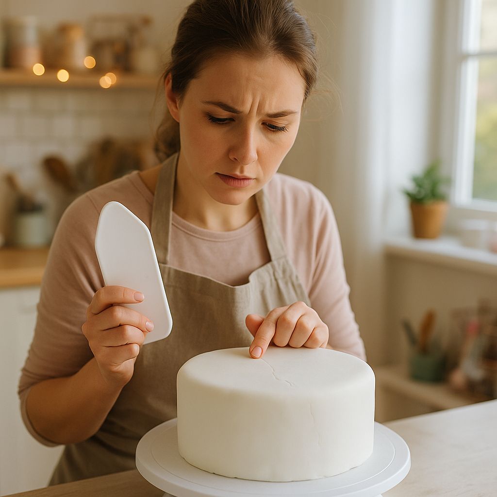 Woman in apron inspecting a fondant-covered cake for cracks in a warm kitchen setting