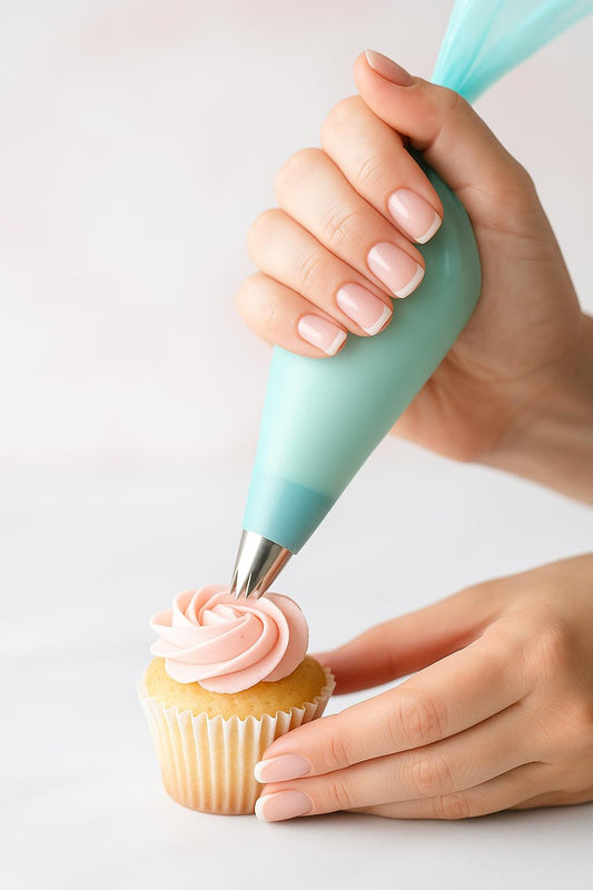 Woman piping a pink buttercream rosette onto a cupcake using a turquoise silicone piping bag, with soft French manicure nails.