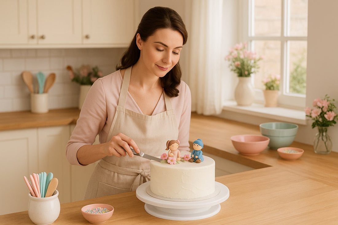 A woman in a warm kitchen holding a whisk and smiling confidently, representing a home baking business owner.