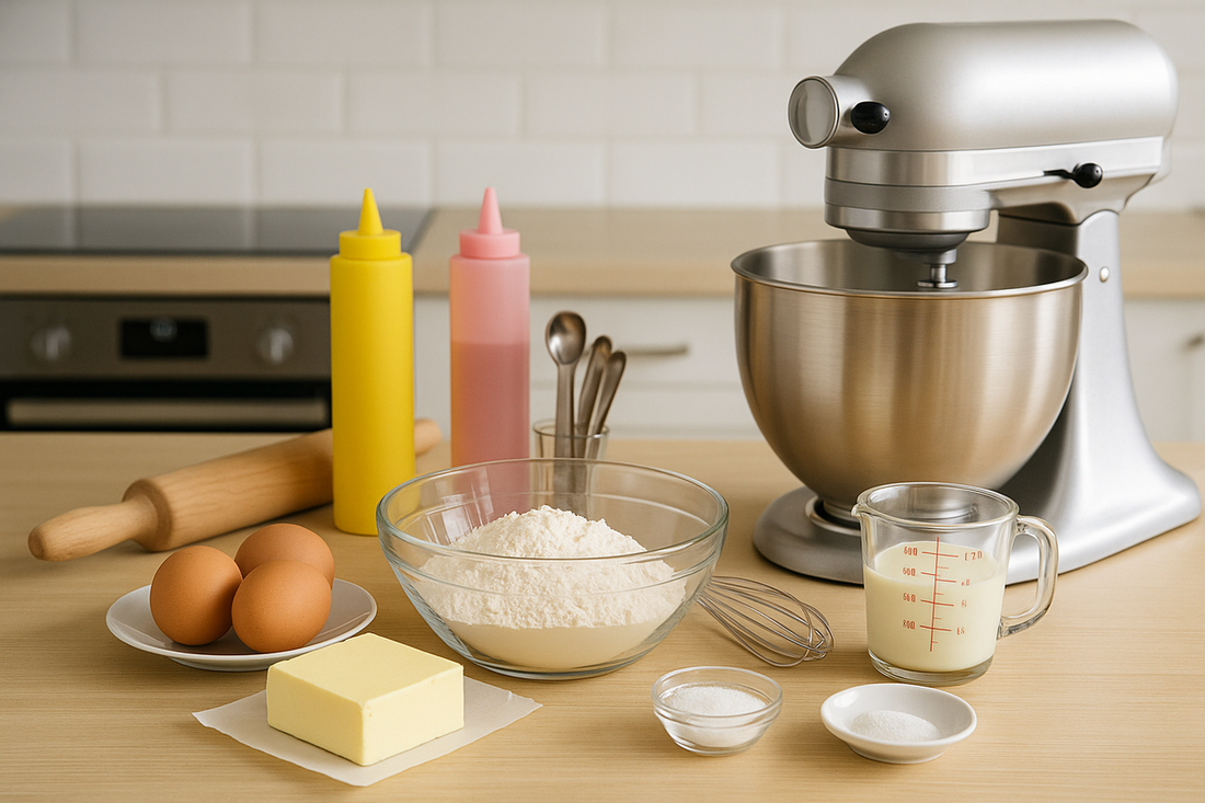 Home baking setup with ingredients in a clean UK kitchen – flour, eggs, butter, mixer