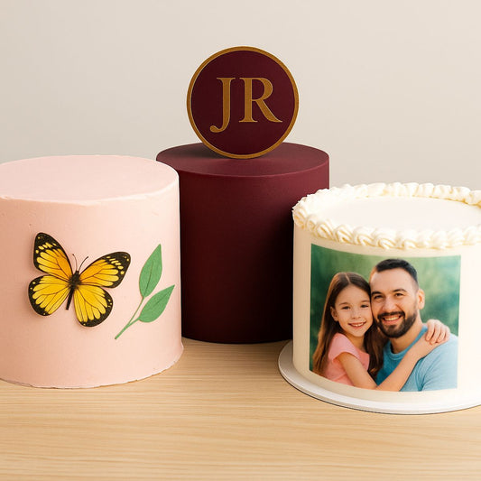 Three decorated cakes showing wafer paper, wafer card, and icing sheet applied with different techniques