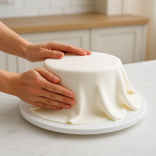 Hands smoothing white fondant over a round cake on a turntable in a kitchen setting