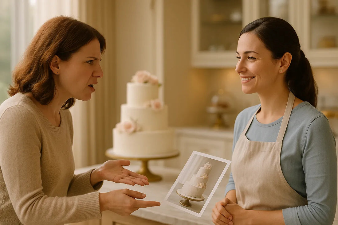 A calm baker smiles while a frustrated customer gestures with a cake photo, inside a softly lit bakery with a tiered wedding cake in the background.