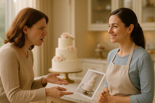 A calm baker smiles while a frustrated customer gestures with a cake photo, inside a softly lit bakery with a tiered wedding cake in the background.