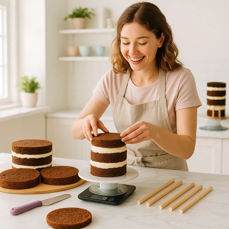 A young baker assembling a chocolate layer cake with buttercream using a digital scale, surrounded by dowels and cake tools in a pastel kitchen