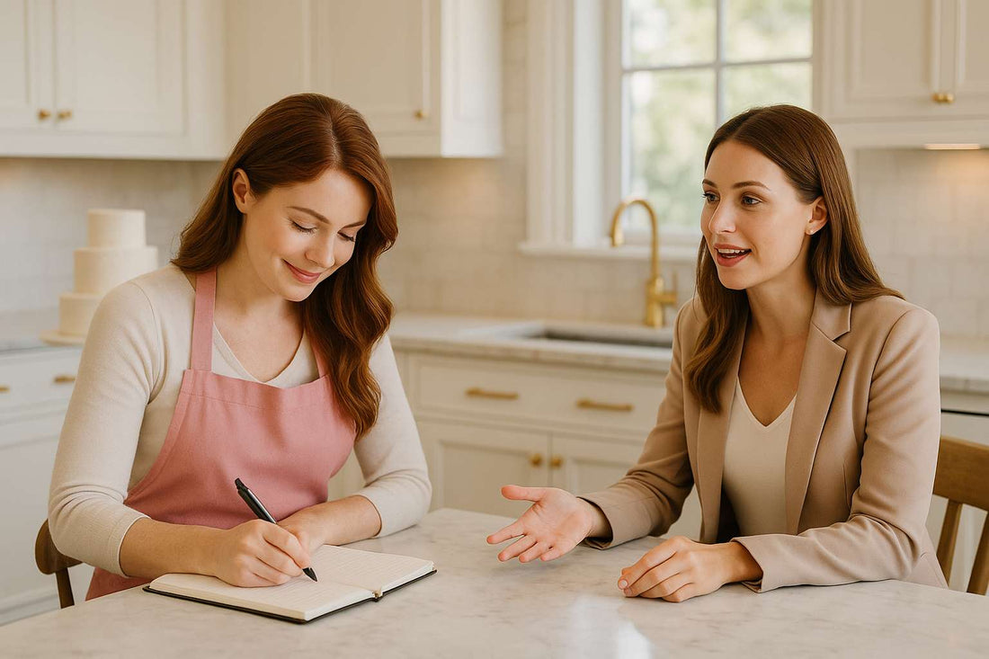 Two women sitting at a bright luxury kitchen table during a cake consultation — one wearing a pink apron taking notes while the other describes her dream cake, representing professional customer service at Makai Cake Decorating Supplies.
