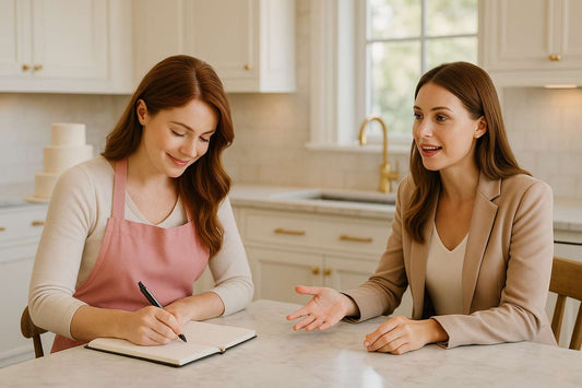 Two women sitting at a bright luxury kitchen table during a cake consultation — one wearing a pink apron taking notes while the other describes her dream cake, representing professional customer service at Makai Cake Decorating Supplies.