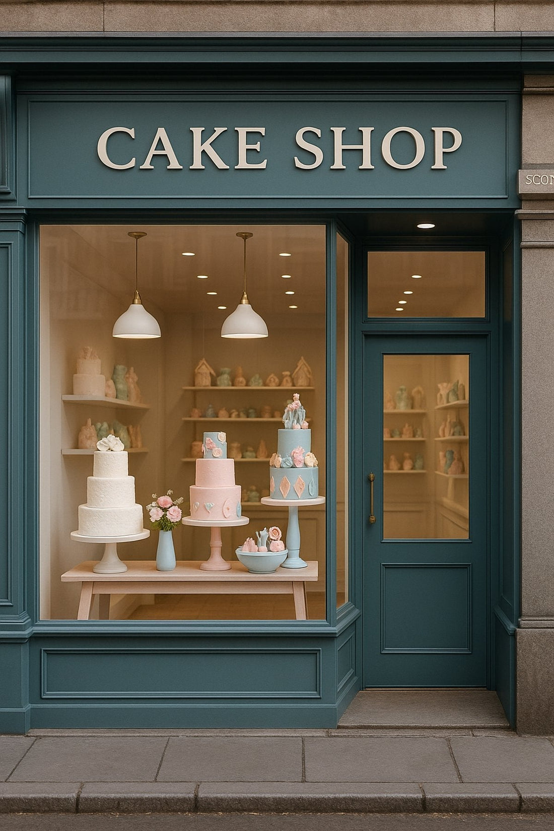 The exterior of a stylish UK cake shop with large windows, pastel branding and elegant signage.