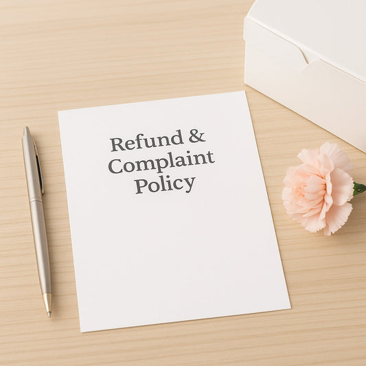 A printed refund and complaint policy form with a pen and fondant rose, styled neatly for a professional cake business.