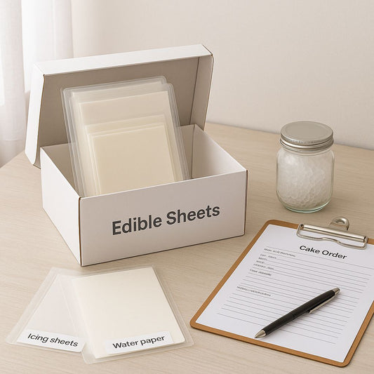 Storage setup for edible sheets including wafer paper and icing sheets, organized in a labeled box with desiccant jar and cake order form on desk