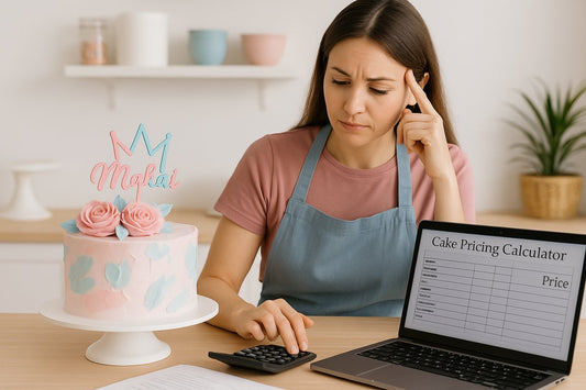 A light-skinned female cake maker sitting at a table with a cake and calculator, looking stressed and unsure – symbolising cake pricing mistakes.