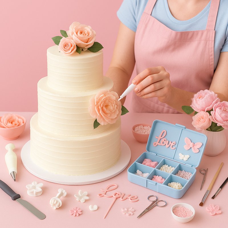 Cake decorator placing floral decorations on a three-tiered wedding cake during on-site setup with pastel tools and accessories.