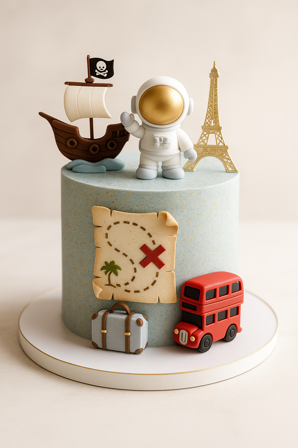 A multi-themed cake combining pirate, astronaut, and travel motifs, with fondant elements like a rocket, pirate flag, and red double-decker bus, perfect for curious explorers.