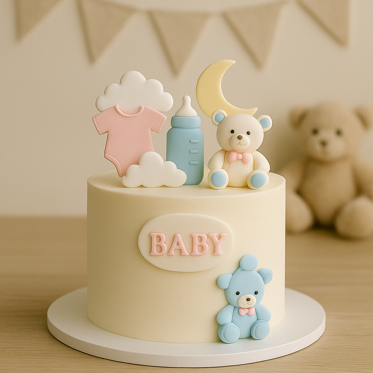 An elegant baby shower cake adorned with pastel-coloured fondant decorations, including tiny baby clothes, a teddy bear, and baby bottle. The cake features soft pink and blue hues, making it perfect for gender reveal or baby shower celebrations.