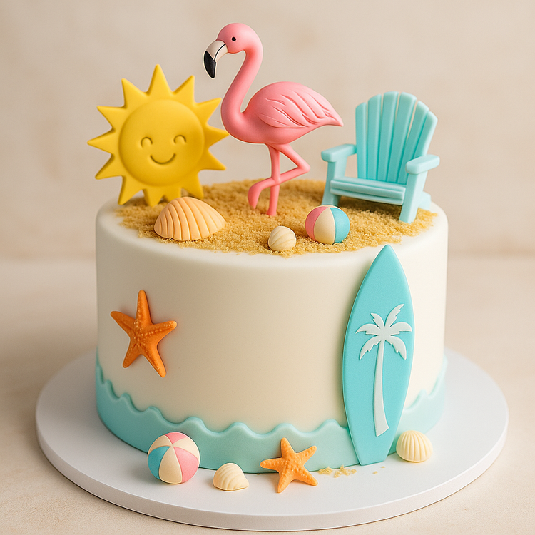 A vibrant summer-themed cake featuring beach-inspired fondant decorations, including flip-flops, a sun hat, sunglasses, and a beach ball, all set atop a smooth, pastel-colored frosting. The cake captures the essence of a fun and sunny seaside celebration.