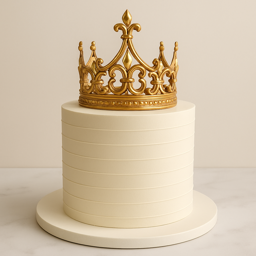 Elegant white cake decorated with a gold non-edible crown topper, perfect for weddings and royal-themed celebrations.