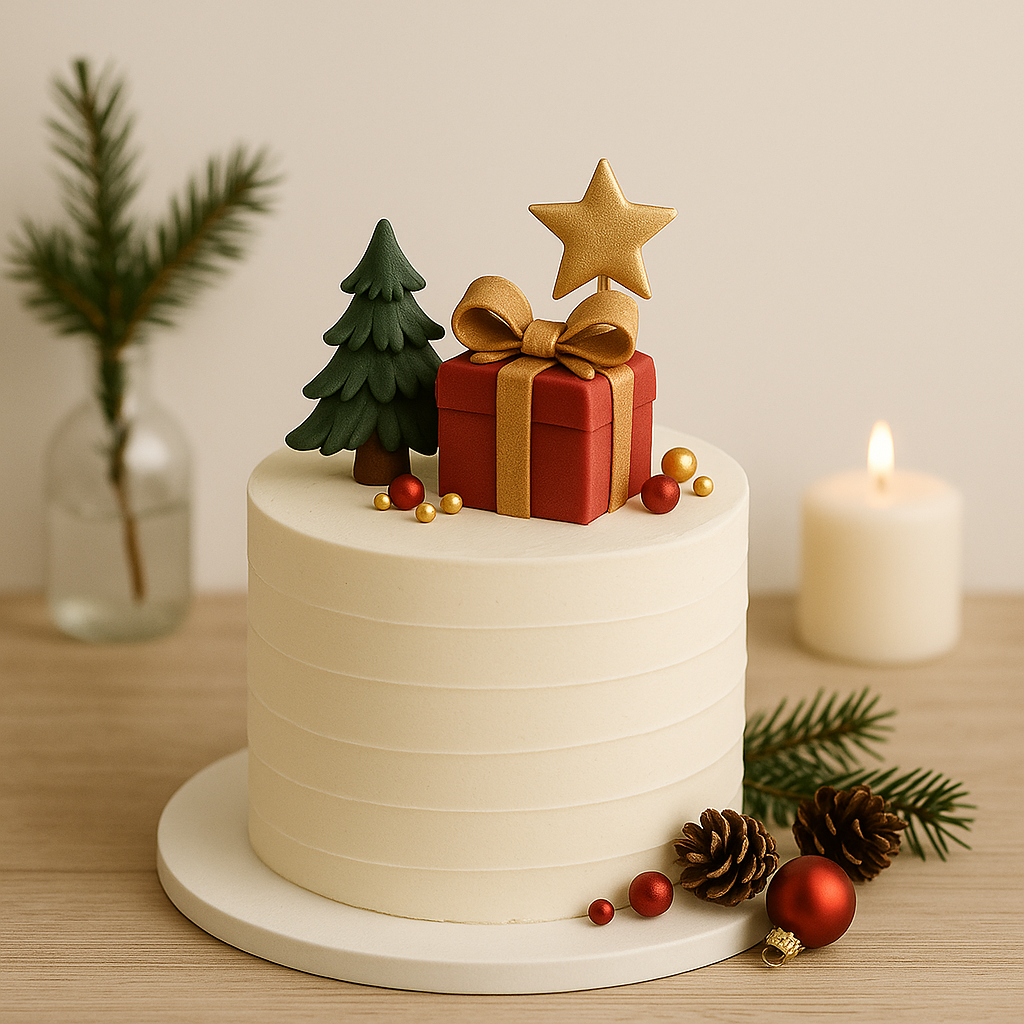 A white cake on a white stand with 'Xmas' lettering on the sides. The top features pine tree-inspired decor, and the base is adorned with Advent wreath-like accents, including pine cones and red berries, evoking a festive winter atmosphere.