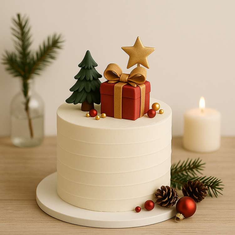 A white cake on a white stand with 'Xmas' lettering on the sides. The top features pine tree-inspired decor, and the base is adorned with Advent wreath-like accents, including pine cones and red berries, evoking a festive winter atmosphere.