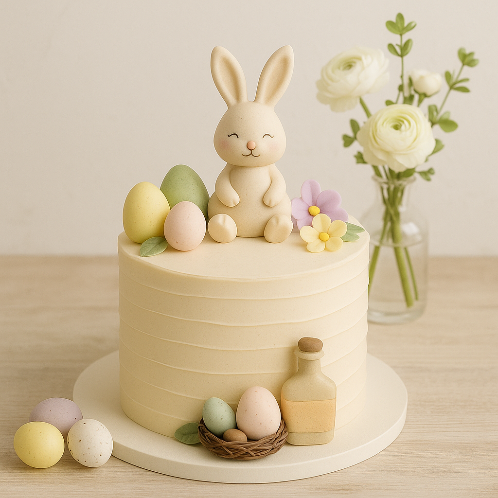 A beautiful brown cake with white icing on top, decorated with pastel-colored eggs in yellow, pink, and white arranged around the top of the cake. In the background, a yellow and blue bunny figure adds a playful touch, set against a soft blue backdrop.