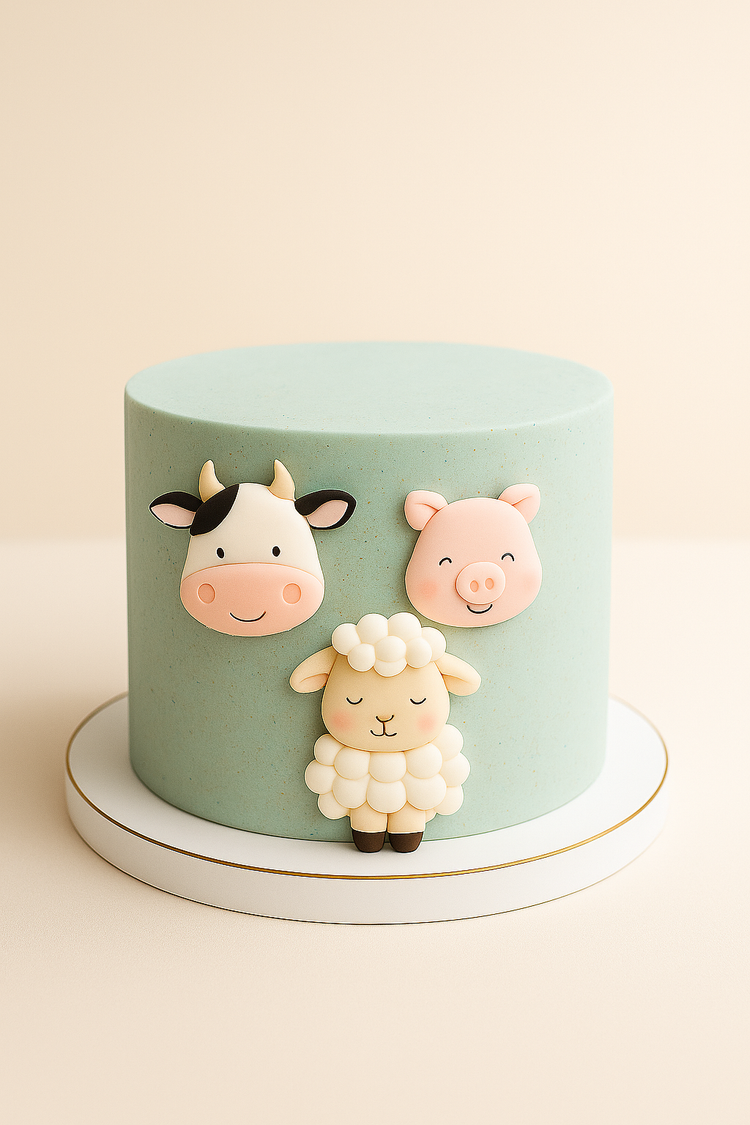 A cake featuring fondant farm animals such as a cow, pig, and sheep, in a clean and minimal style, ideal for rustic or farm-themed parties.