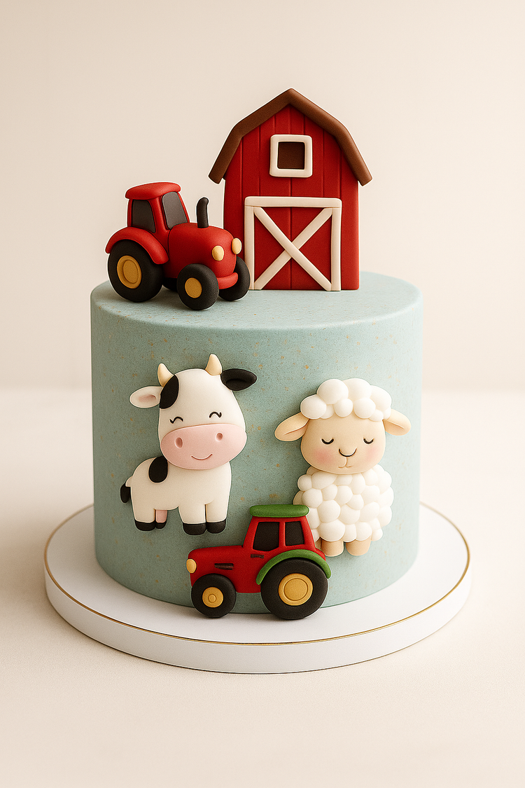 A farm-themed cake featuring a red tractor, barn, and farm animals, decorated with fondant details to create a charming countryside feel.