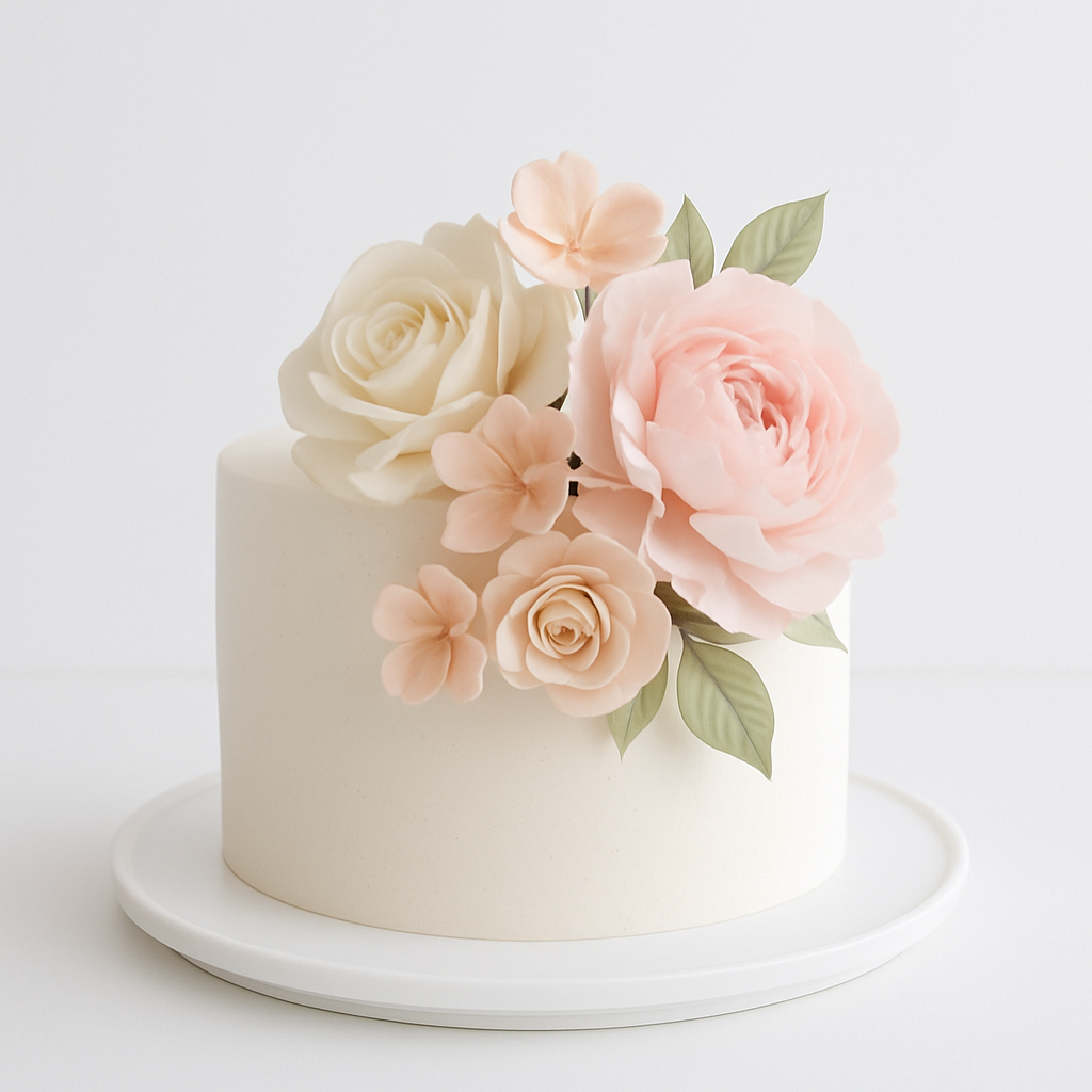 Cake with edible sugar flowers and non-edible floral toppers for cake decoration.