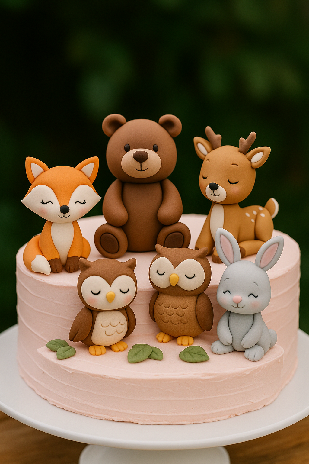 A fondant-decorated cake featuring forest animals like a bear, fox, deer, owl, and bunny, surrounded by woodland elements.