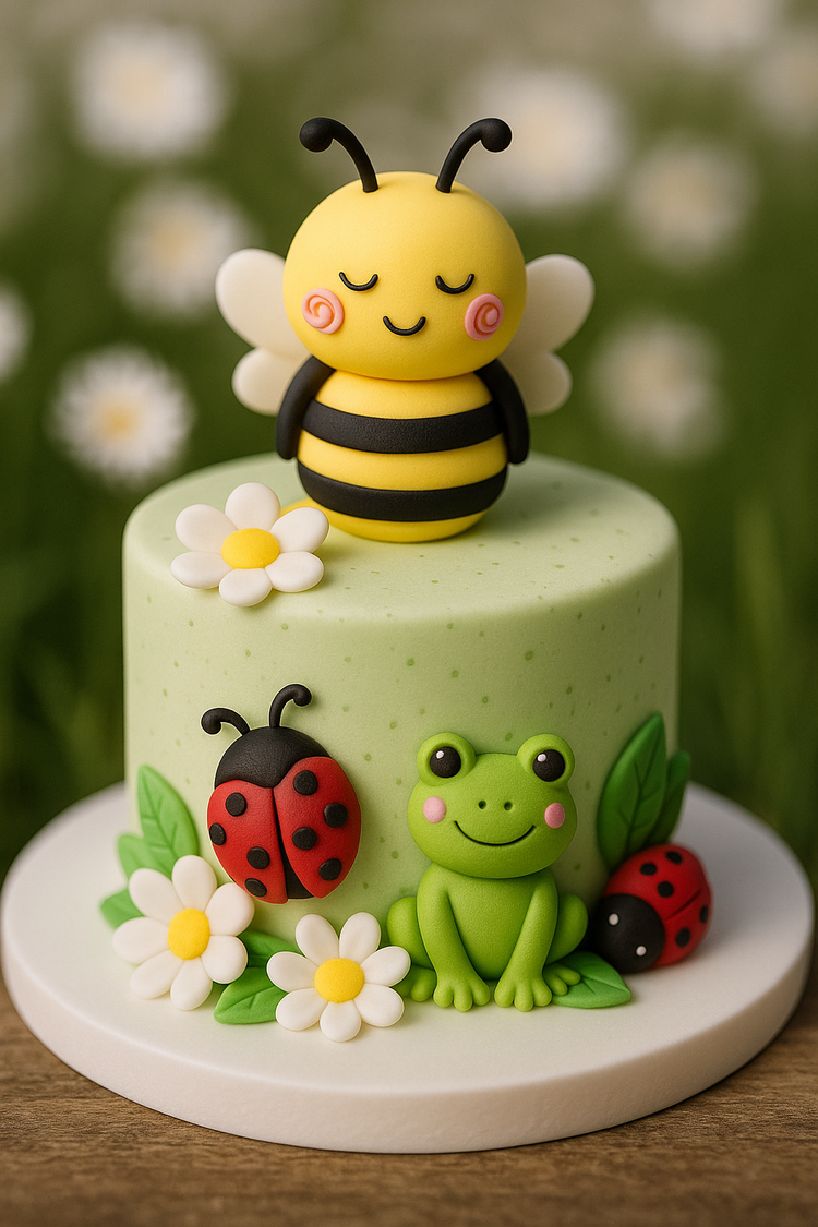 A garden-themed cake decorated with fondant bees, ladybirds, frogs, butterflies, and flowers.