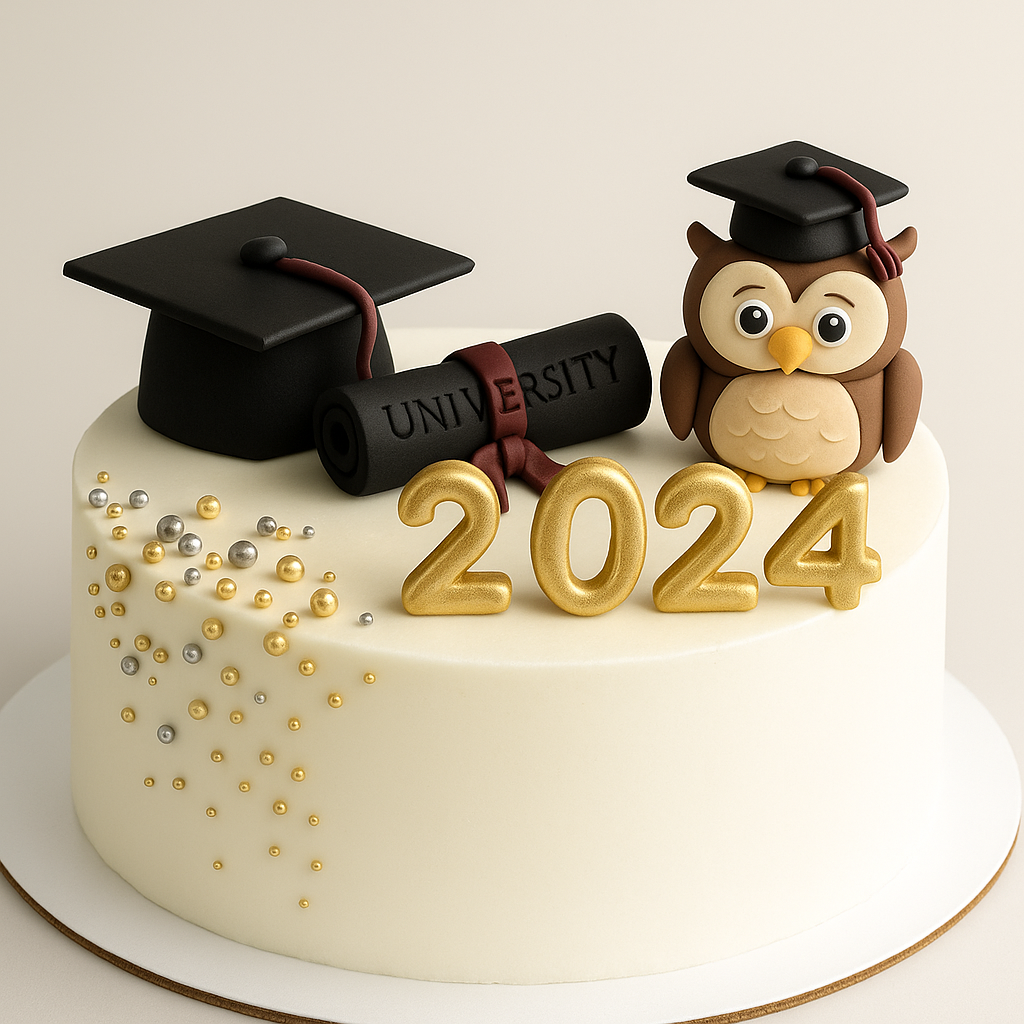 Elegant two-tier cake with a graduation cap on top. The bottom tier features a diamond-shaped red and white design. On a white cake stand, personalized with 'Congratulations', the year, and the graduate’s name.