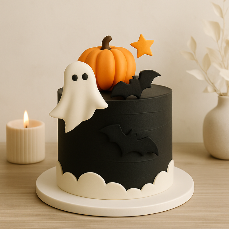 Four Halloween-themed muffins featuring a mummy, pumpkin, and spooky face designs. In the corner, candy spills from a cup with wooden blocks spelling out 'Trick or Treat,' capturing the playful spirit of the season.