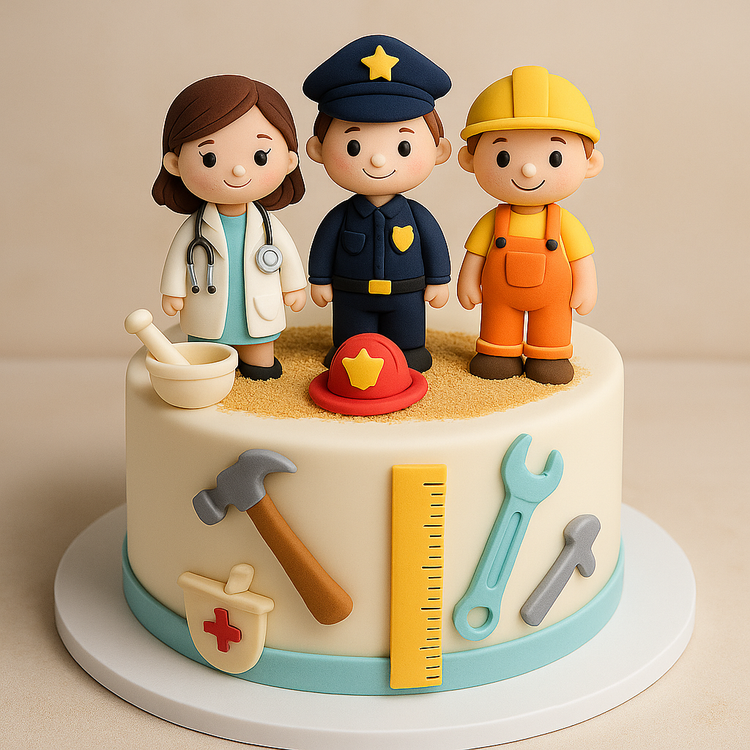 A cake adorned with fondant decorations representing various professions, such as a doctor, firefighter, and artist, styled in a colourful and celebratory design.