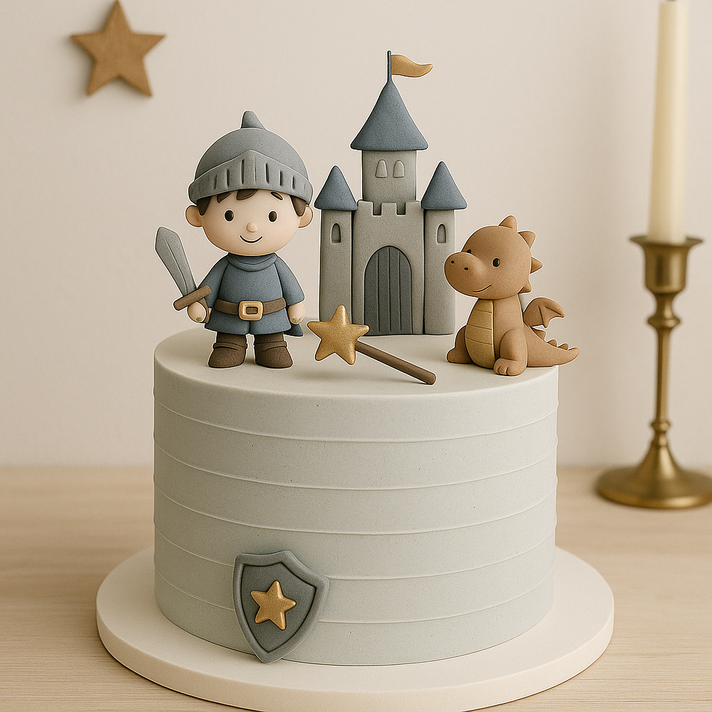 Magical cake decorations featuring dragons, unicorns, and other mythical creatures for fairy tale and fantasy-themed cakes. Fairy tale inspired boy’s cake with castle and dragon decorations.