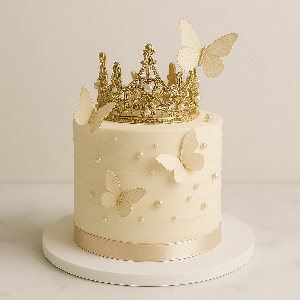 Elegant cake with a crown topper and satin ribbon around the cake board