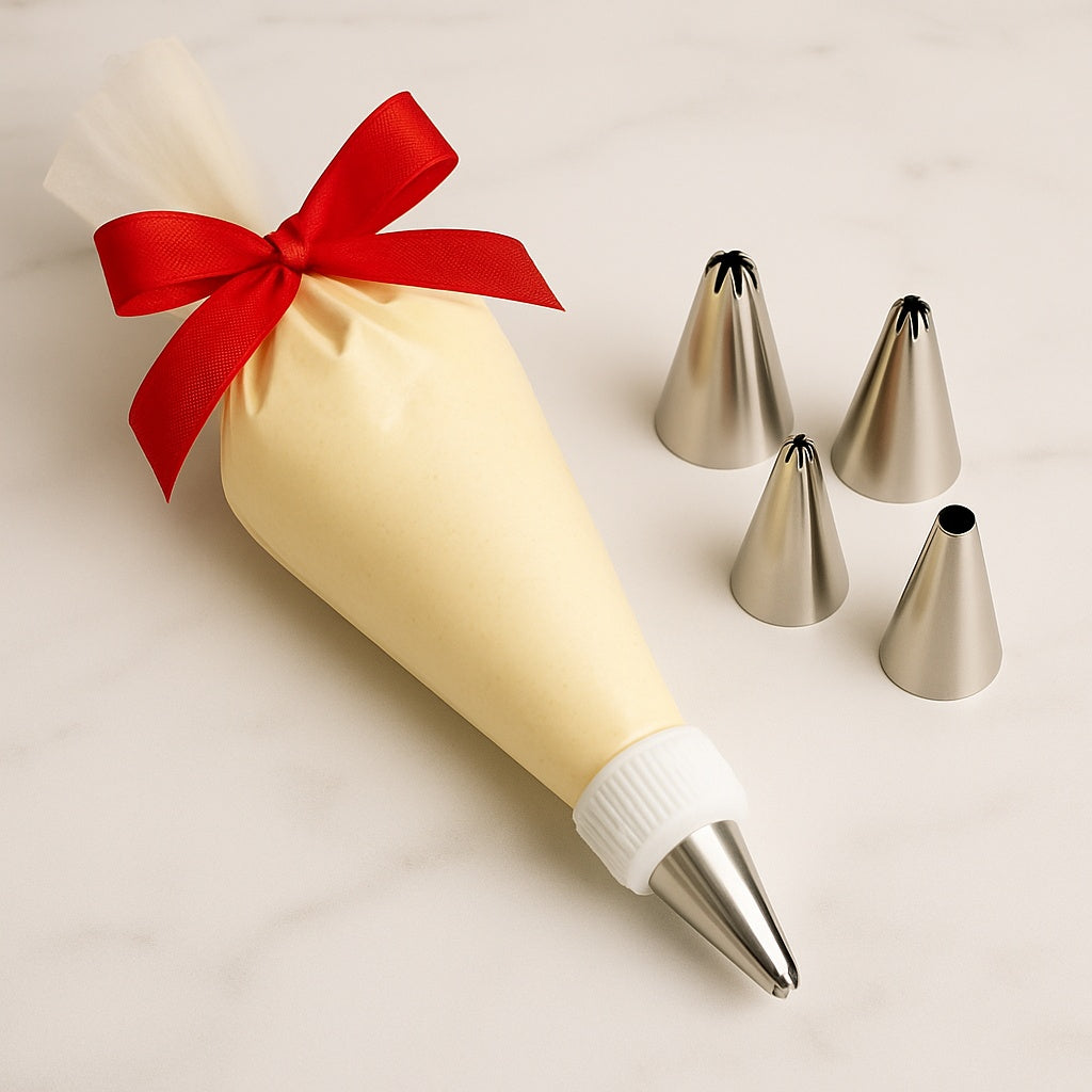 High-quality piping bag and metal nozzles used for intricate cake designs and frosting work.