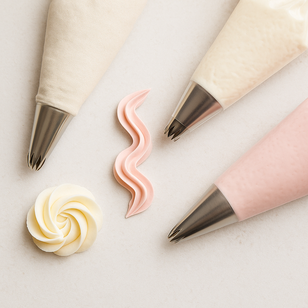 Assorted piping nozzles for cake decorating, including star, round, and petal designs