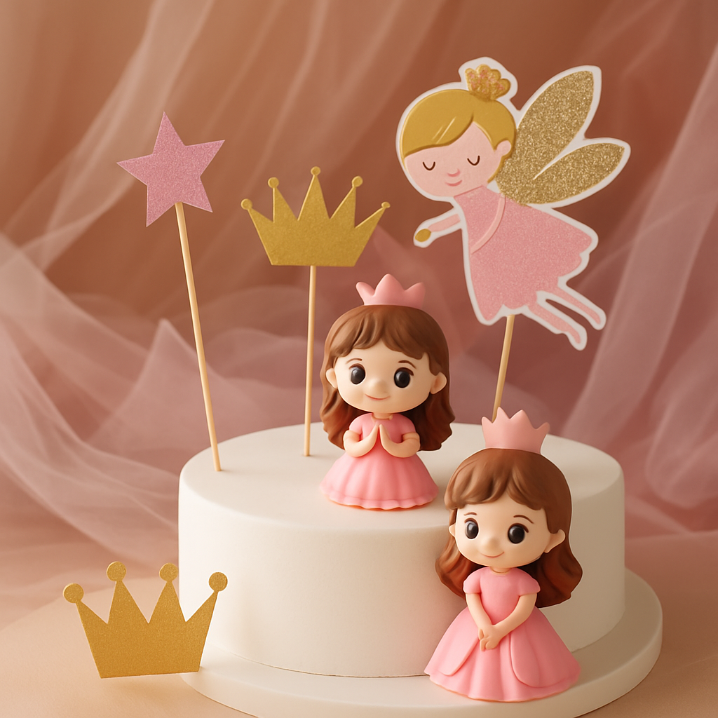 A magical Princess & Fairy cake topper set featuring crowns, castles, and sparkling fairy wings. Perfect for enchanted birthdays, fairytale celebrations, and dreamy cakes for princess lovers. Add a touch of whimsy and magic to any special occasion!