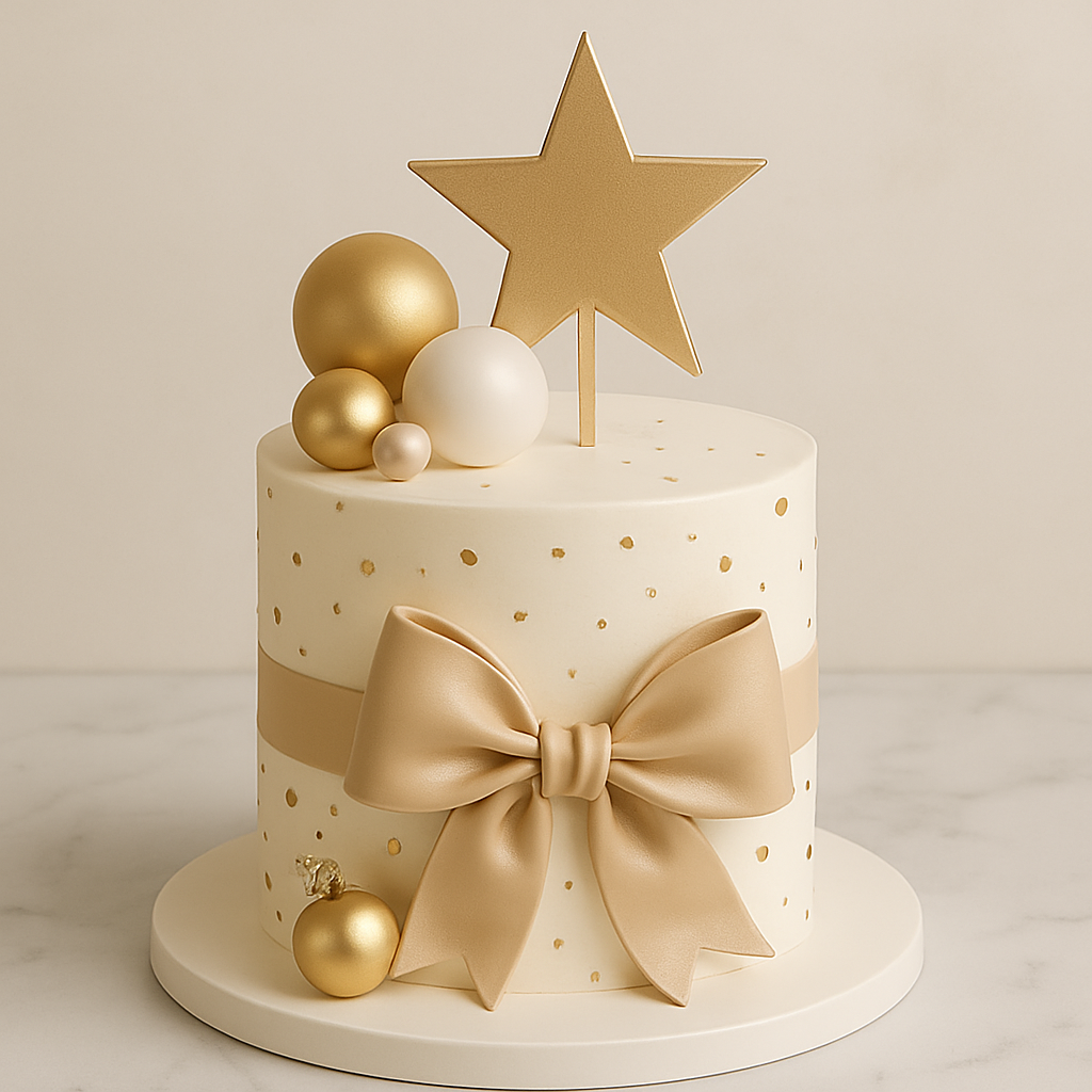 Celebration cake decorated for multiple special occasions with neutral tones