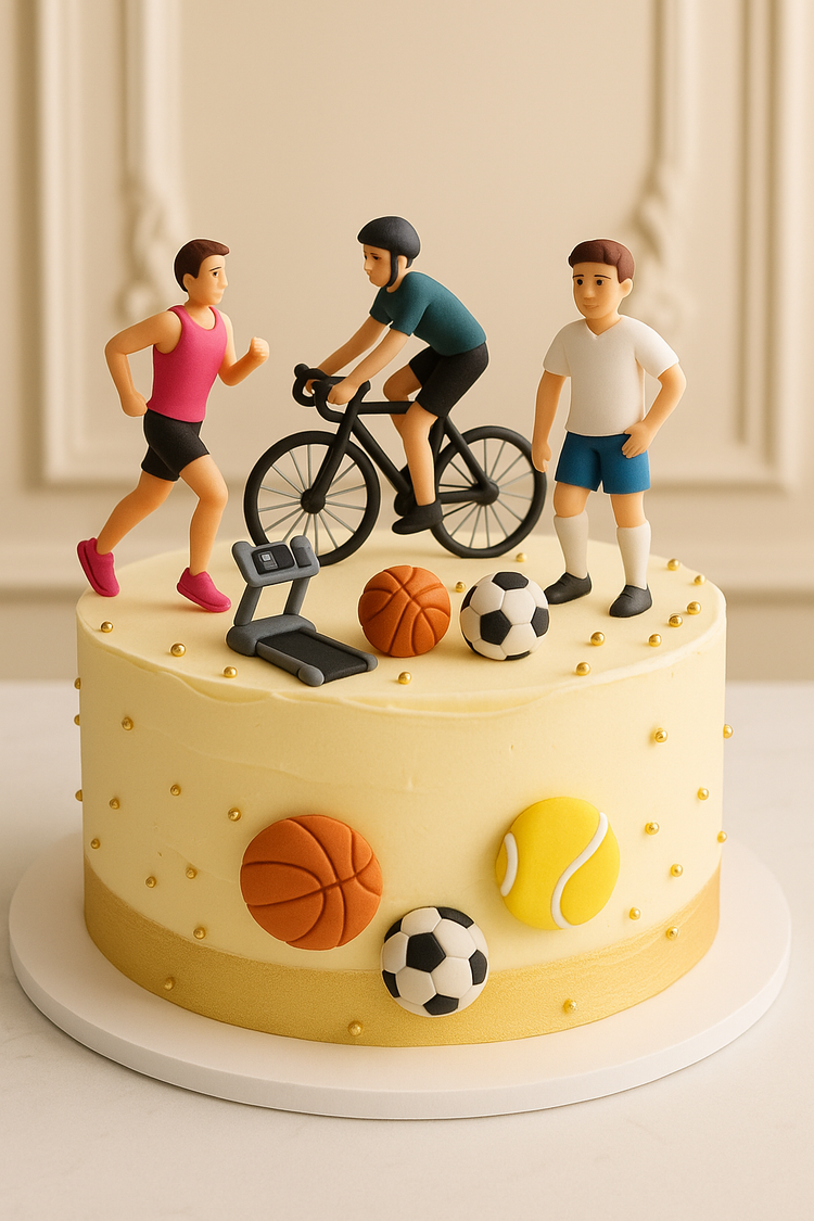 A cake decorated with sports-themed fondant elements, including a football and boxing gloves, celebrating active hobbies.