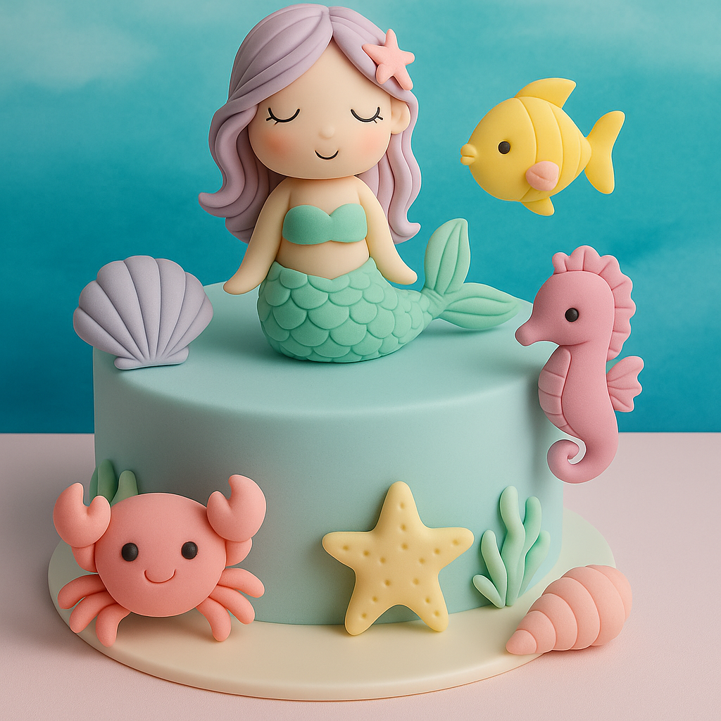 A sea-themed cake with fondant mermaids, seashells, starfish, seahorses, and colourful underwater details.
