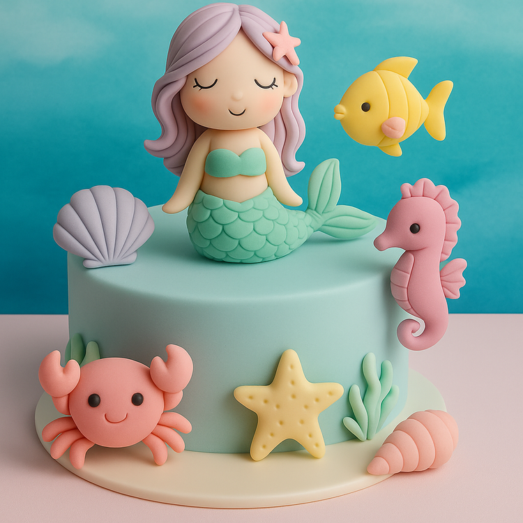 A sea-themed cake with fondant mermaids, seashells, starfish, seahorses, and colourful underwater details.
