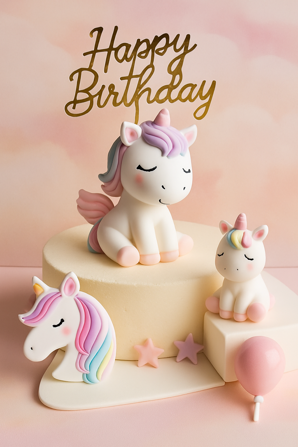 A unicorn-themed cake decorated with pastel fondant unicorns, stars, and rainbow elements in a magical style.