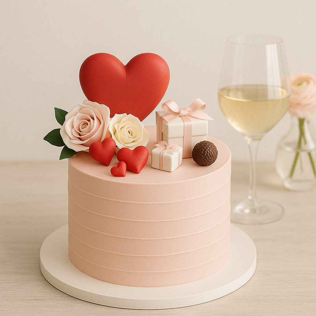 Elegant white multi-tier cake with cascading pink and red roses, accented by green leaves, set on a white table against a soft, brick wall backdrop, creating a romantic and charming atmosphere perfect for Valentine's Day.