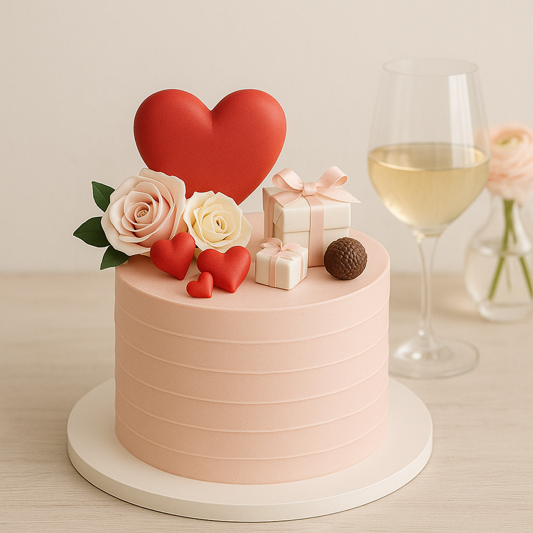 Elegant white multi-tier cake with cascading pink and red roses, accented by green leaves, set on a white table against a soft, brick wall backdrop, creating a romantic and charming atmosphere perfect for Valentine's Day.
