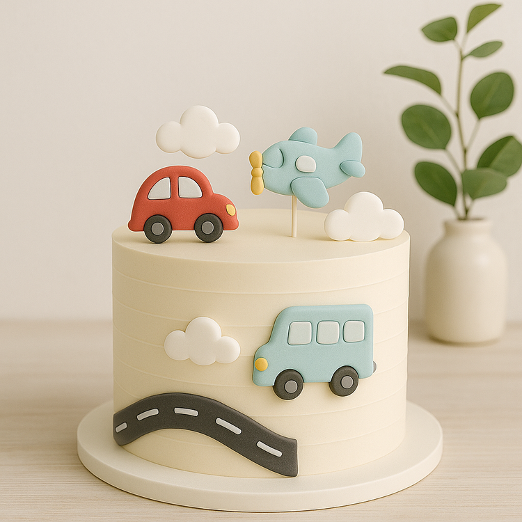A vehicle-themed cake with fondant decorations of cars, trucks, and traffic signs, styled in vibrant colours and playful detail, ideal for transportation lovers.
