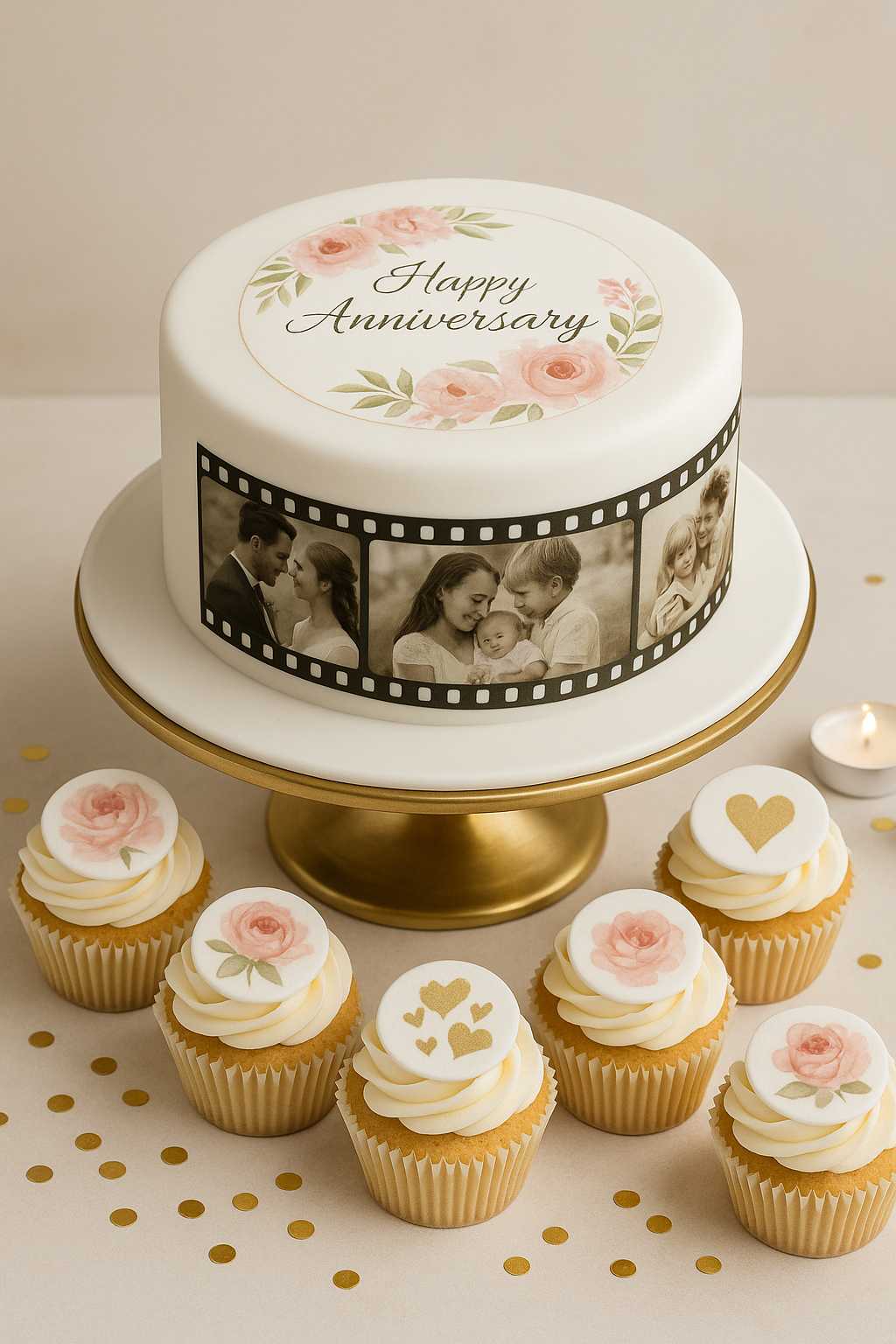 Elegant anniversary cake with edible prints – white fondant cake on gold stand, decorated with floral topper, photo filmstrip, and matching cupcakes.