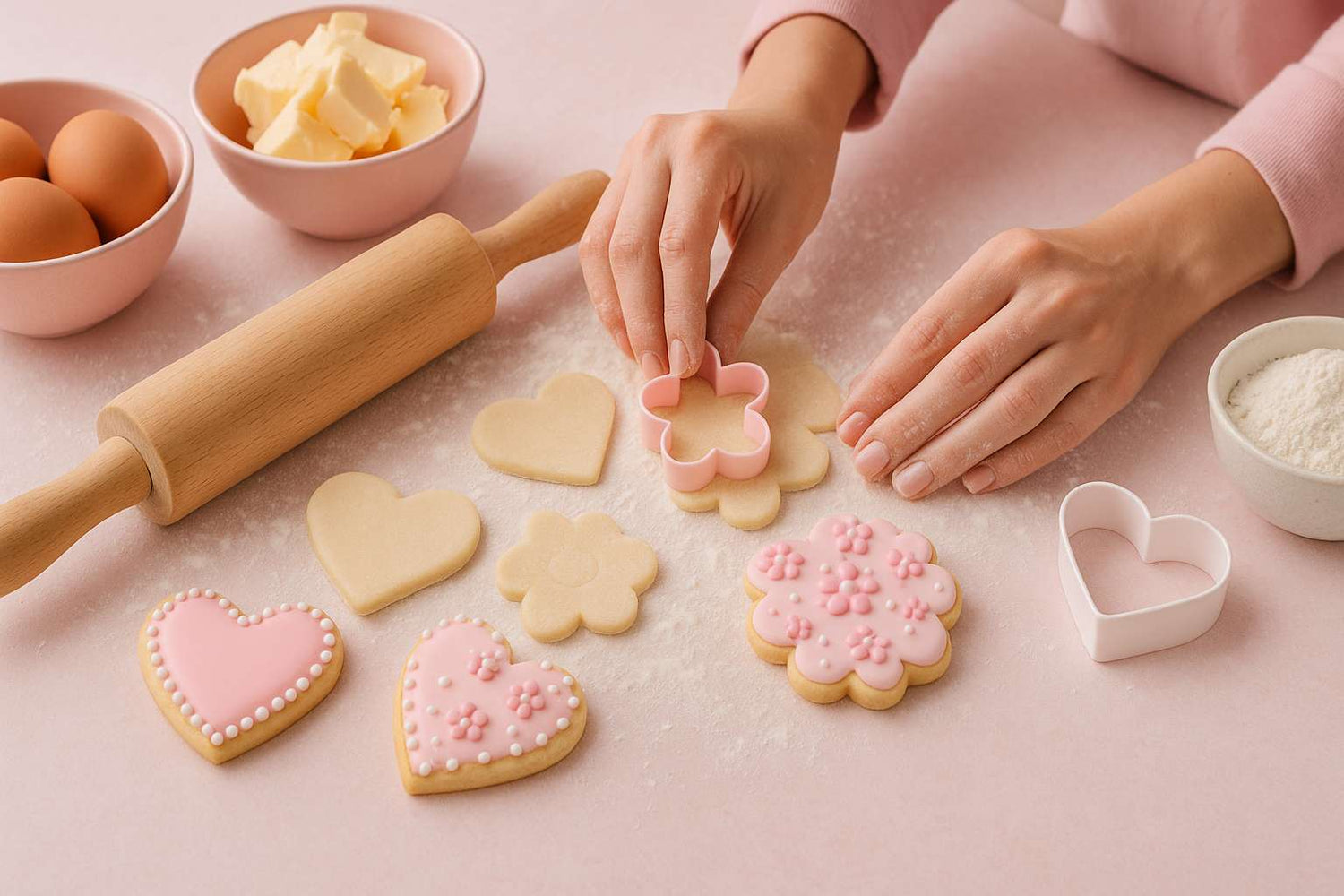 Pastel pink baking scene with heart and flower-shaped cookie cutters, decorated cookies, rolling pin, and hands shaping dough — feminine cookie decorating collection banner.
