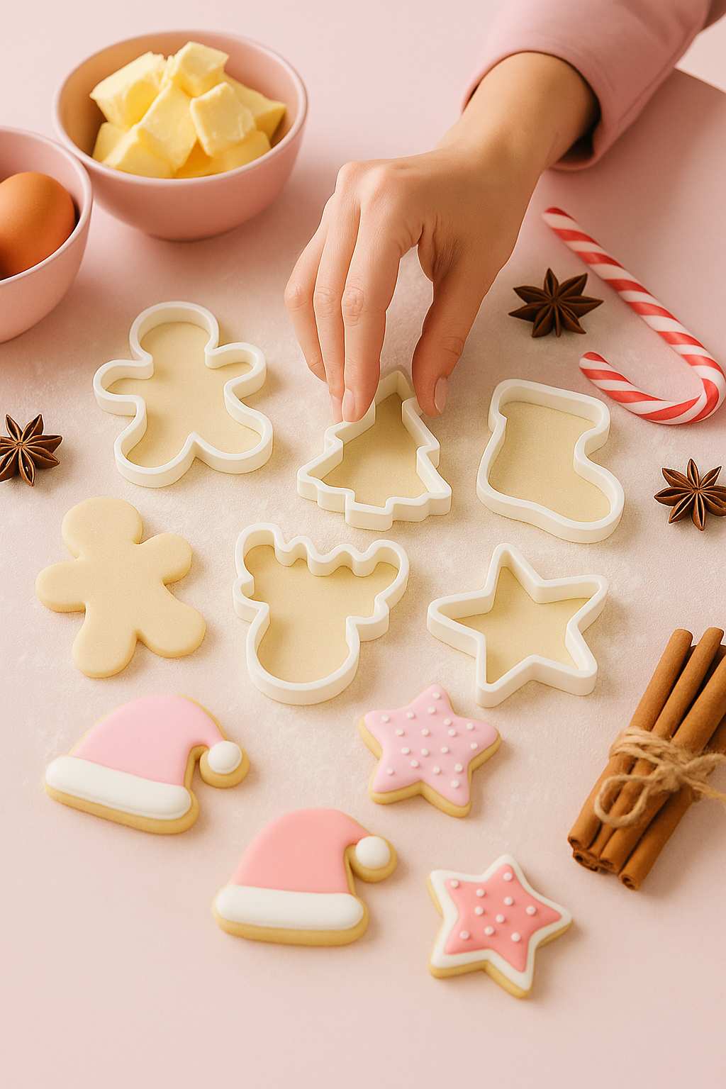 Festive Christmas baking scene with white cookie cutters, rolling pin, spices, and dough on a soft pastel background.