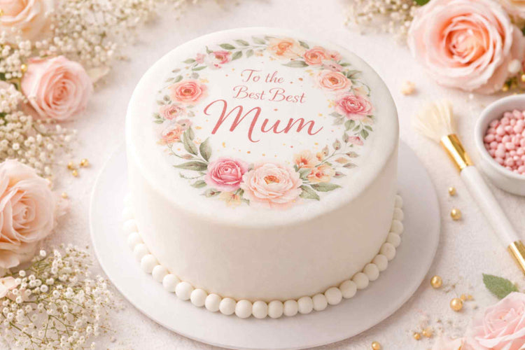Mum edible print cake topper with floral wreath design on white cake