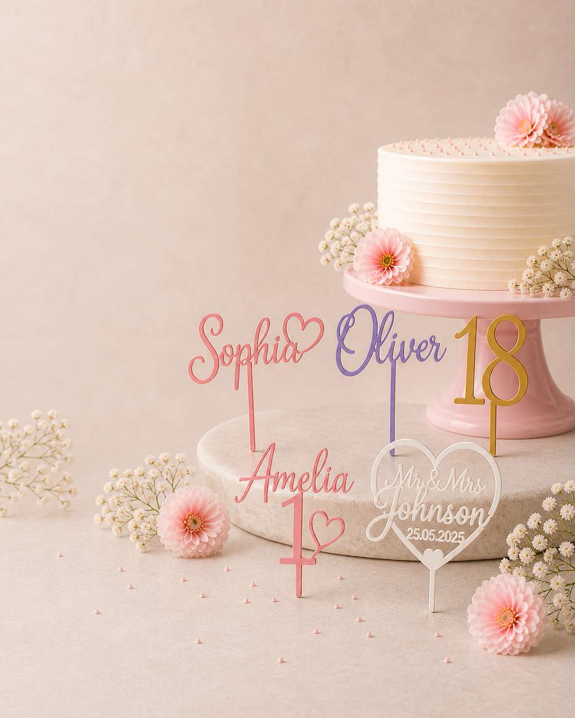 Elegant personalised cake toppers with custom names and wedding design on pastel cake display